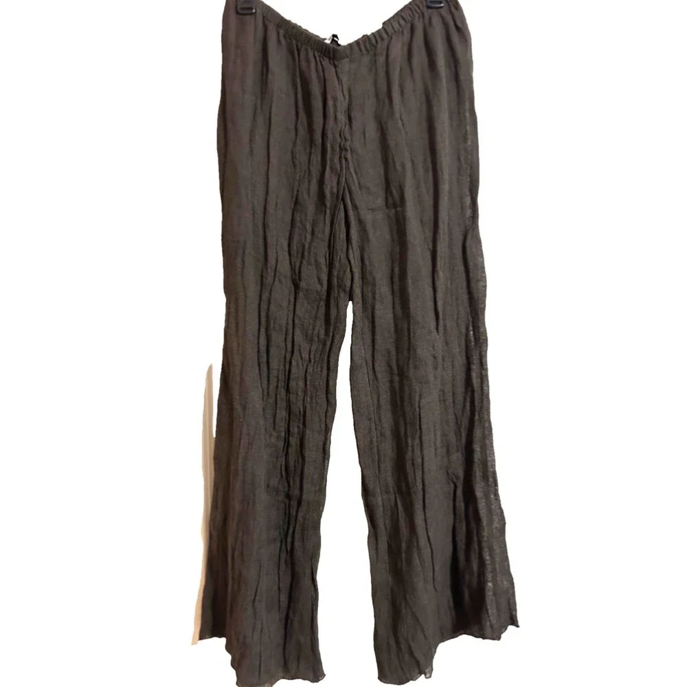 Zara Women’s Crinkle Effect Linen Pants size L NWT Pull-On Wide Leg Boho